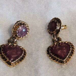 Vintage Heart Shaped Purple Gold Earrings Valentine Gift